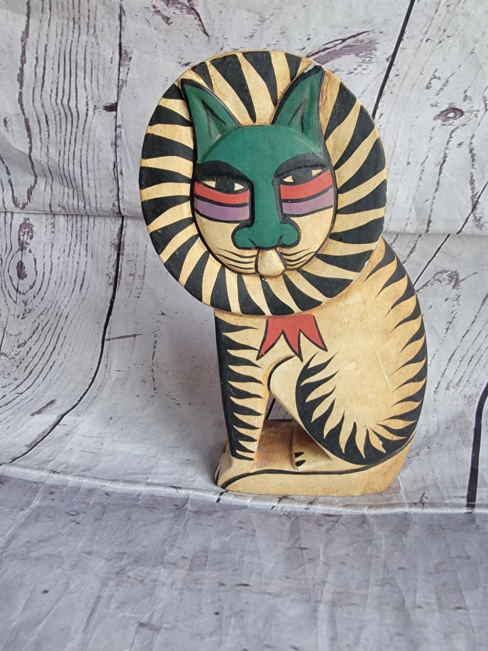 Vintage Laurel Burch Wooden Carved Hand Painted Cat Lion Folk Art 8in READ